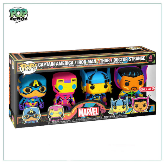 Captain America / Iron Man / Thor / Doctor Strange Deluxe Funko 4 Pack! Marvel - Blacklight - Target Exclusive - Angry Cat