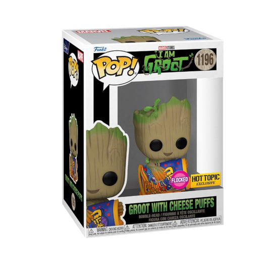 Groot with Cheese Puffs #1196 (Flocked) Funko Pop! - I Am Groot - Hot Topic Exclusive - Angry Cat